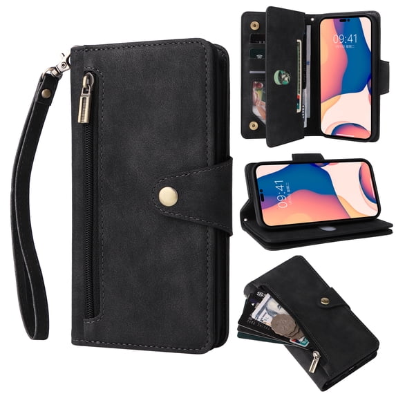 Nalacover For iPhone 11 Pro Max Zipper Wallet Case,360 Protection Stylish PU Leather Shockproof Magnetic Flip Holder 6 Card Slots and 2 Cash Pockets Cover with Detachable Wrist Strap,Black