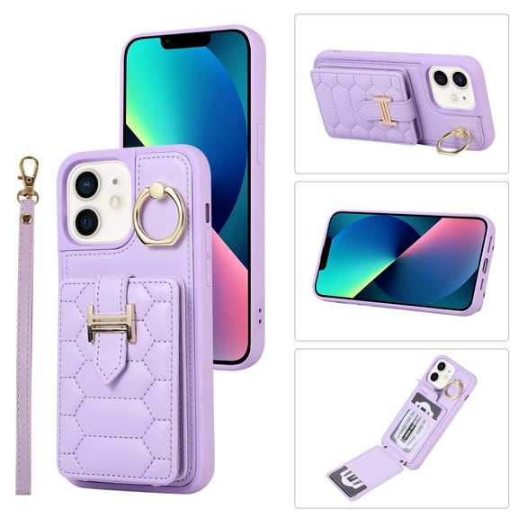 Nalacover for iPhone 11 Ring Holder Crossbody Wallet Case with Credit Card Slots, Lanyard Shoulder Strap Premium PU Leather Wrist Hand Strap Cover with Kickstand for iPhone 11,Purple