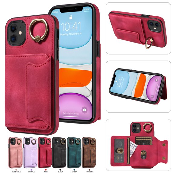 Nalacover for iPhone 11 Ring Holder Wallet Case with Kickstand Magnetic Clasp, Credit Card Slots Holder Premium PU Leather Purse Cover, TPU Bumper Shockproof Anti-Scratches Case,Red