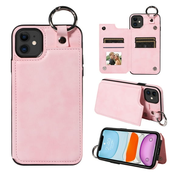 Nalacover for iPhone 11 Wallet Case with Card Slots & Metal Finger Ring, Durable PU Leather Back Double Magnetic Botton Flip Kickstand Purse Shockproof Phone Case,Rosegold