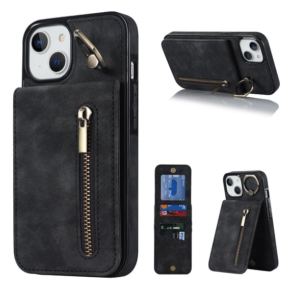 Nalacover for iPhone 11 , Wallet with RFID Credit Card Holder and Zipper Pocket,Drop Protection Flip Cover Ring Holder Kickstand with Double Magnetic Clasp For iPhone 11 , Black