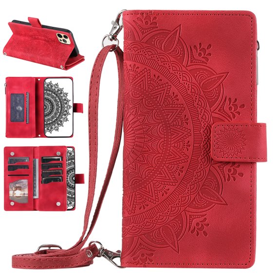 Nalacover for iPhone 12/12 Pro Embossed Floral Pattern PU Leather Crossbody Case with Shoulder Strap,Shockproof Magnetic Flip Kickstand Credit Card Slots Zipper Pocket Wallet Phone Case,Red
