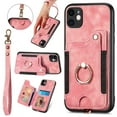 thumbnail image 1 of Nalacover For iPhone 12 Case Ring Holder Kickstand with Credit Card Holder, Back Flip Premium Leather Magnetic Clasp Removable Wirst Hand Strap Cover For iPhone 12, Pink, 1 of 8