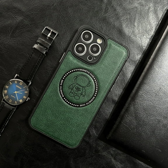 Nalacover For For iPhone 12, Cute Astronaut Pattern Leather Anti-Scratch Raised Camera Protection Compatible with MagSafe,Slim Fit Shockproof Phone Case For iPhone 12, Darkgreen