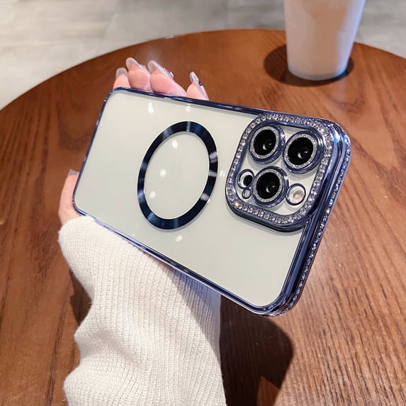 Nalacover for iPhone 12 Pro Clear Transparent Magnetic Case, Glitter Sparkle Rhinestone Frame Lens Protection Shockproof Cover for Women Girls, Compatible with MagSafe Wireless Charging,Blue