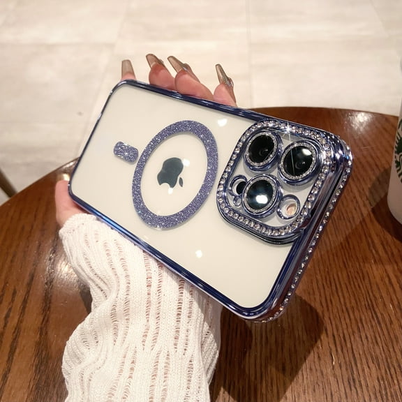 Nalacover for iPhone 12 Pro Magnetic Case,Clear Glitter Case Compatible with MagSafe,Cute Sparkle Shiny Rhinestone Diamond Camera Protector Soft TPU Plating Bumper Women Girls Phone Case,Blue