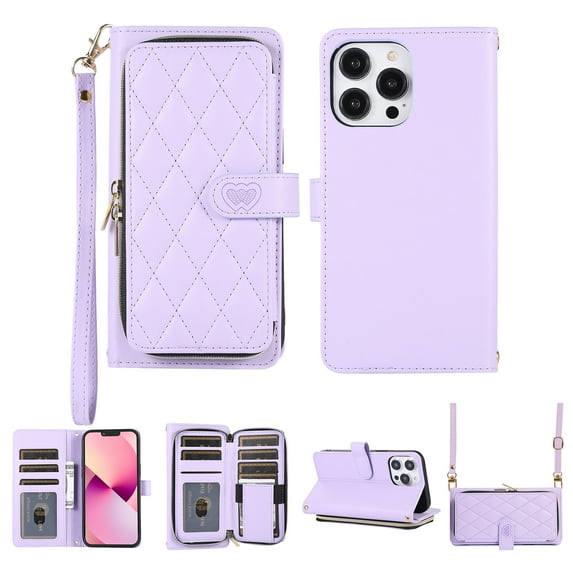 Nalacover for iPhone 12 Pro Max 6.7 inch Premium PU Leather Crossbody Case with Shoulder Strap & Wrist Strap,Shockproof Magnetic Flip Kickstand Credit Card Slots Zipper Wallet Phone Case,Purple