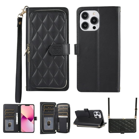 Nalacover for iPhone 12 Pro Max 6.7 inch Premium PU Leather Crossbody Case with Shoulder Strap & Wrist Strap,Shockproof Magnetic Flip Kickstand Credit Card Slots Zipper Wallet Phone Case,Black