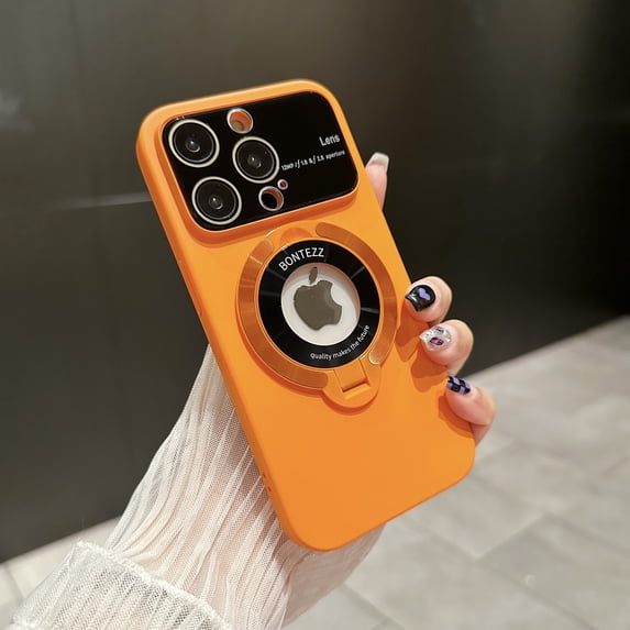 Nalacover for iPhone 12 Pro Max Case with Magnetic Invisible Kickstand Compatible with MagSafe,for Women Men Logo View Window Large Viewport Design Hard PC Camera Lens Protector Phone Case,Orange
