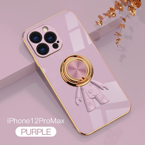 Nalacover for iPhone 12 Pro Max Slim Case,Cute Cartoon 6D Plating Astronaut Hidden Magnetic Ring Kickstand Soft TPU Shockproof Corner Protection Drop Proof Edge Bumper Cover for Women Men.Purple