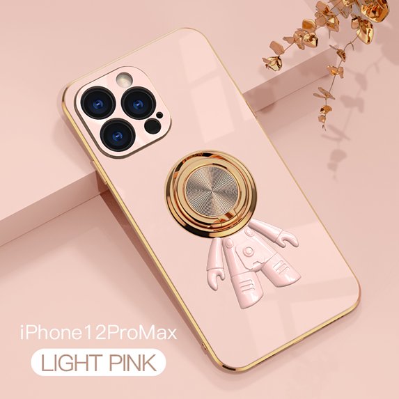 Nalacover for iPhone 12 Pro Max Slim Case,Cute Cartoon 6D Plating Astronaut Hidden Magnetic Ring Kickstand Soft TPU Shockproof Corner Protection Drop Proof Edge Bumper Cover for Women Men.Lightpink