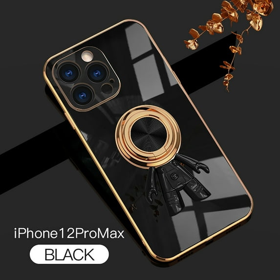 Nalacover for iPhone 12 Pro Max Slim Case,Cute Cartoon 6D Plating Astronaut Hidden Magnetic Ring Kickstand Soft TPU Shockproof Corner Protection Drop Proof Edge Bumper Cover for Women Men.Black