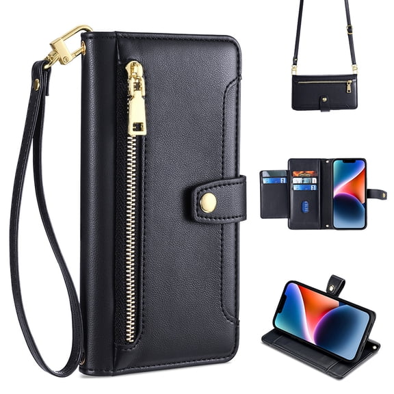 Nalacover for iPhone 12 Pro Max Wallet Case with Lanyard Crossbody & Wrist Hand Strap, 6 Card Slots Zipper Pocket PU Leather Flip Cover with Magnetic Stand Shockproof Protective Case,Black