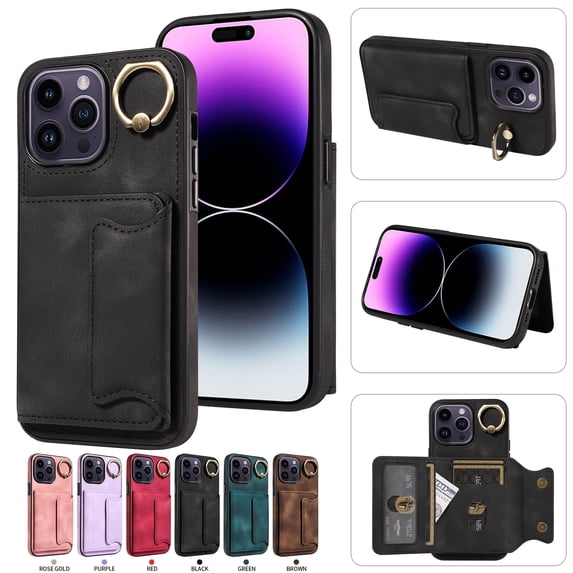 Nalacover for iPhone 12 Pro / iPhone 12 6.1" Ring Holder Wallet Case with Kickstand Magnetic Clasp, Credit Card Slots Holder Premium PU Leather Purse Cover, TPU Shockproof Anti-Scratches Case,Black