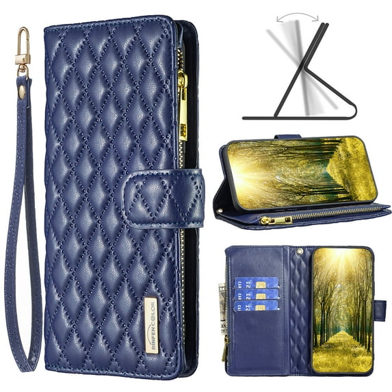 Nalacover for iPhone 12/iPhone 12 Pro 6.1 inch Zipper Wallet Case with Magnetic Clasp Flip Folio Kickstand 9 Card Slots Luxury Premium PU Leather and Soft TPU Shockproof with Wrist Strap Cover.Blue