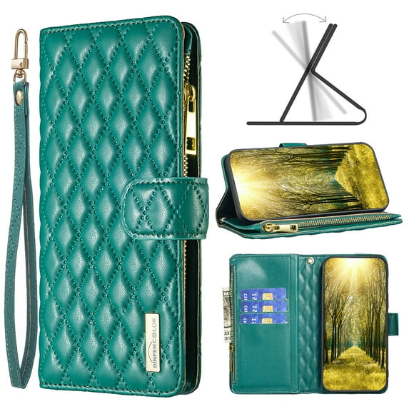 Nalacover for iPhone 12/iPhone 12 Pro 6.1 inch Zipper Wallet Case with Magnetic Clasp Flip Folio Kickstand 9 Card Slots Luxury Premium PU Leather and Soft TPU Shockproof with Wrist Strap Cover.Green