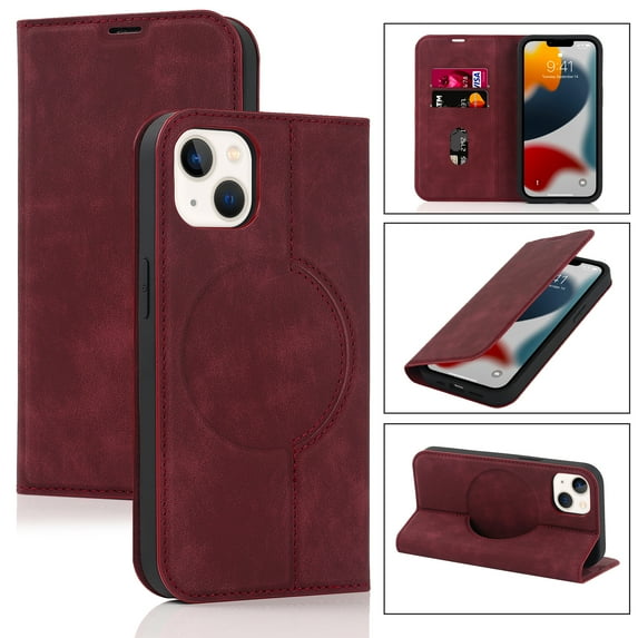 Nalacover for iPhone 13 6.1 inch Wireless Charging Case,Luxury Full Body Protection Solid Color PU Leather Magnetic Closure Flip RFID Blocking Card Slots Stand Shockproof Cover.Red