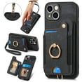 thumbnail image 1 of Nalacover For iPhone 13 Case Ring Holder Kickstand with Credit Card Holder, Back Flip Premium Leather Magnetic Clasp Removable Wirst Hand Strap Cover For iPhone 13, Black, 1 of 14