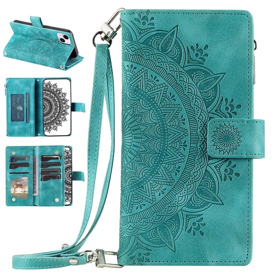 Nalacover for iPhone 13 Embossed Floral Pattern PU Leather Crossbody Case with Shoulder Strap,Shockproof Magnetic Flip Kickstand Credit Card Slots Zipper Pocket Wallet Phone Case,Green
