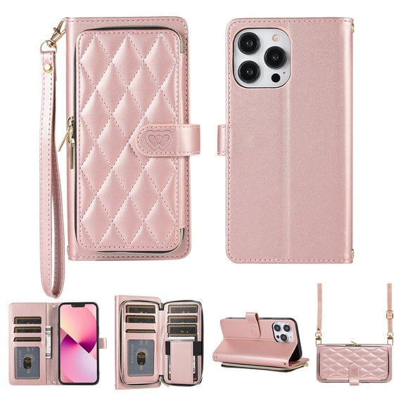 Nalacover for iPhone 13 Pro 6.1 inch Premium PU Leather Crossbody Case with Shoulder Strap & Wrist Strap,Shockproof Magnetic Flip Kickstand Credit Card Slots Zipper Wallet Phone Case,Rosegold