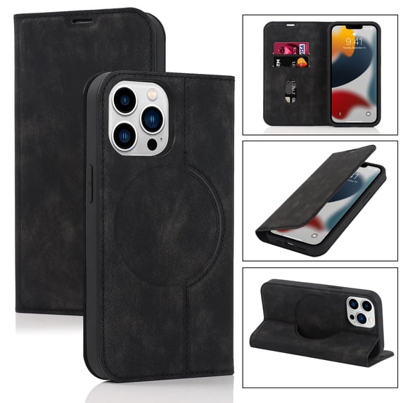 Nalacover for iPhone 13 Pro 6.1 inch Wireless Charging Case,Luxury Full Body Protection Solid Color PU Leather Magnetic Closure Flip RFID Blocking Card Slots Stand Shockproof Cover.Black