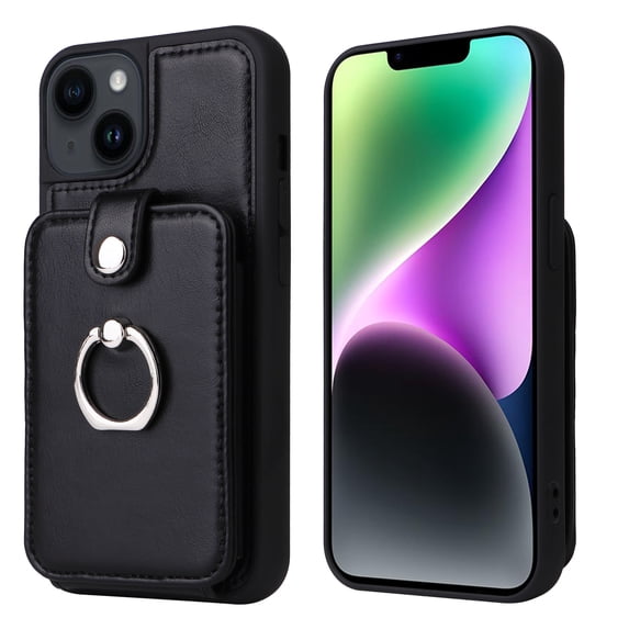 Nalacover for iPhone 13 Pro Back Wallet Case, Card Slots Holder Premium PU Leather Purse Cover with Rotated Ring Holder Bracket, Soft TPU Bumper Shockproof Lens Protection Case, Black
