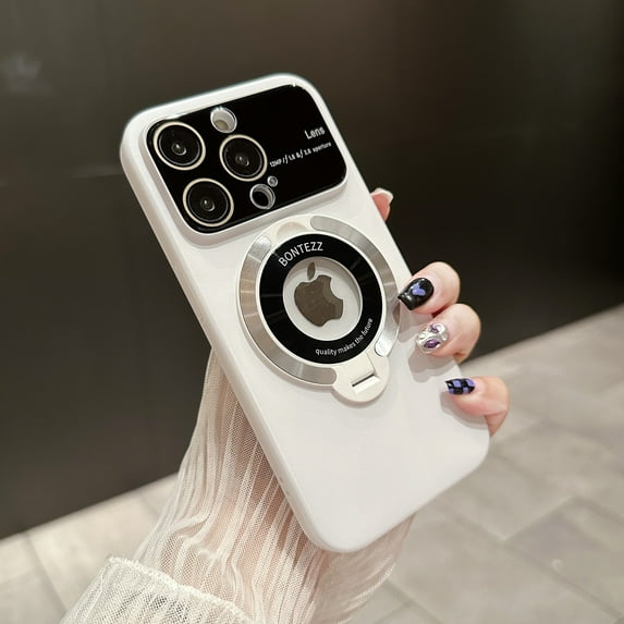 Nalacover for iPhone 13 Pro Case with Magnetic Invisible Kickstand Compatible with MagSafe,for Women Men Logo View Window Large Viewport Design Hard PC Camera Lens Protector Phone Case,White