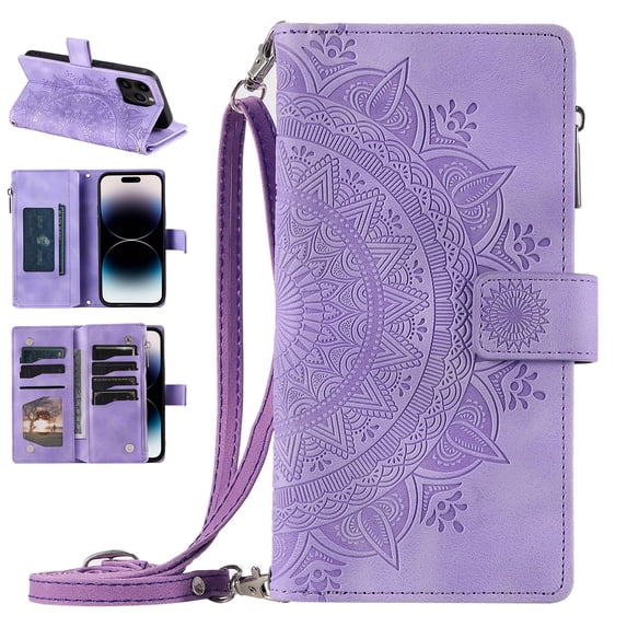 Nalacover for iPhone 13 Pro Embossed Floral Pattern PU Leather Crossbody Case with Shoulder Strap,Shockproof Magnetic Flip Kickstand Credit Card Slots Zipper Pocket Wallet Phone Case,Purple