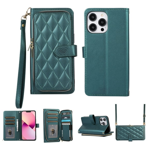 Nalacover for iPhone 13 Pro Max 6.7 inch Premium PU Leather Crossbody Case with Shoulder Strap & Wrist Strap,Shockproof Magnetic Flip Kickstand Credit Card Slots Zipper Wallet Phone Case,Darkgreen