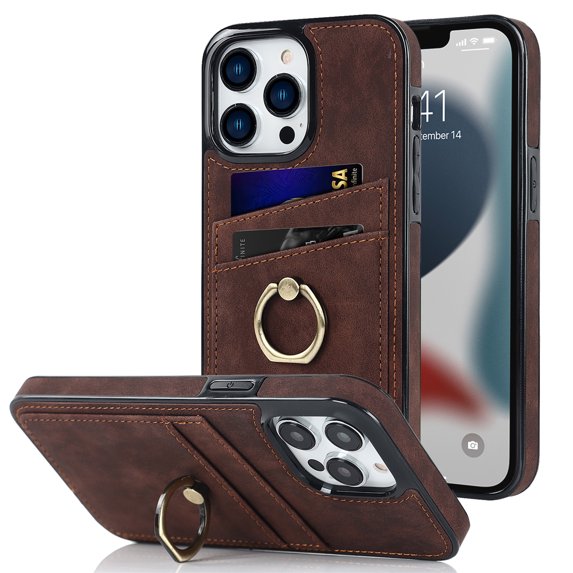 Nalacover for iPhone 13 Pro Max 6.7 inch Wallet Back Case,Luxury PU Leather Soft TPU Anti-Drop Shockproof Two Card Slots with Finger Ring Holder Kickstand Ultra Slim Phone Cover.Coffee