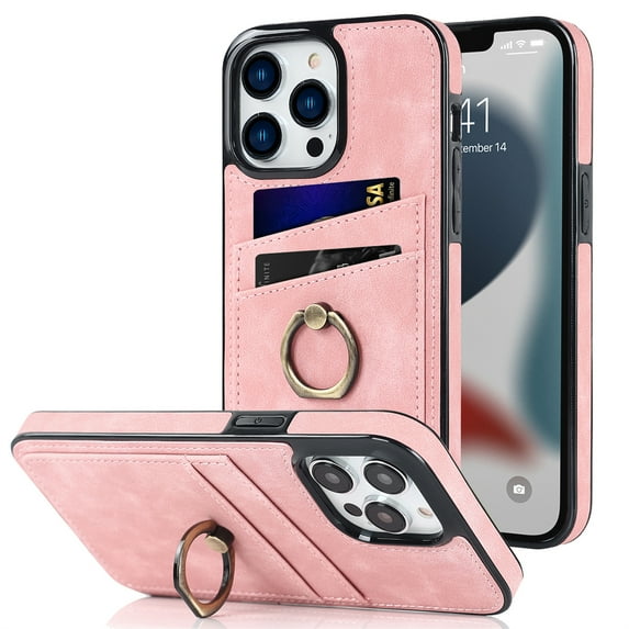 Nalacover for iPhone 13 Pro Max 6.7 inch Wallet Back Case,Luxury PU Leather Soft TPU Anti-Drop Shockproof Two Card Slots with Finger Ring Holder Kickstand Ultra Slim Phone Cover.Pink