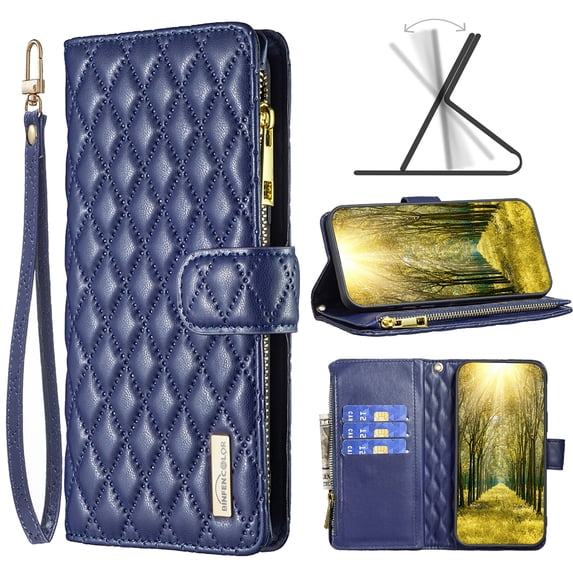 Nalacover for iPhone 13 Pro Max 6.7 inch Zipper Wallet Case with Magnetic Clasp Flip Folio Kickstand 9 Card Slots Luxury Premium PU Leather and Soft TPU Shockproof with Wrist Strap Cover.Blue