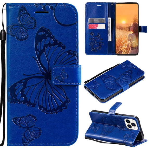 Nalacover For iPhone 13 Pro Max Case,Luxury 360 Protection Embossed Butterfly PU Leather and Soft TPU Flip Kickstand Magnetic Card Wallet Shockproof Protective Cover with Wrist Strap.Blue