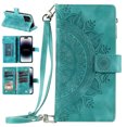thumbnail image 1 of Nalacover for iPhone 13 Pro Max Embossed Floral Pattern PU Leather Crossbody Case with Shoulder Strap,Shockproof Magnetic Flip Kickstand Credit Card Slots Zipper Pocket Wallet Phone Case,Green, 1 of 10