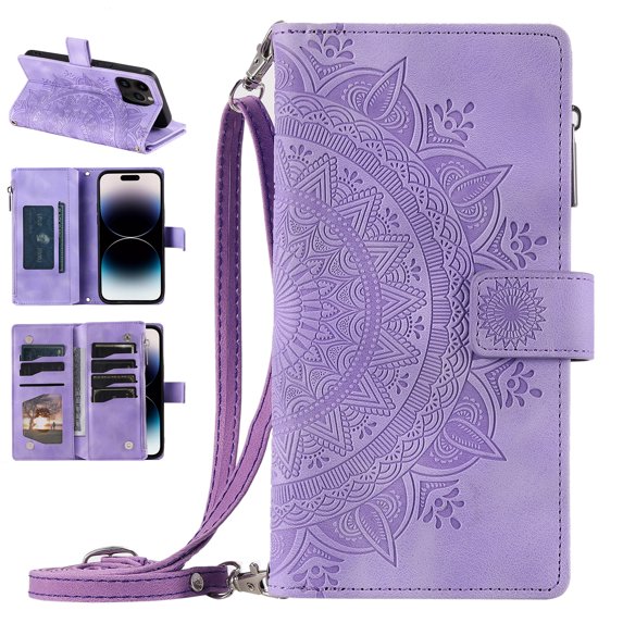 Nalacover for iPhone 13 Pro Max Embossed Floral Pattern PU Leather Crossbody Case with Shoulder Strap,Shockproof Magnetic Flip Kickstand Credit Card Slots Zipper Pocket Wallet Phone Case,Purple