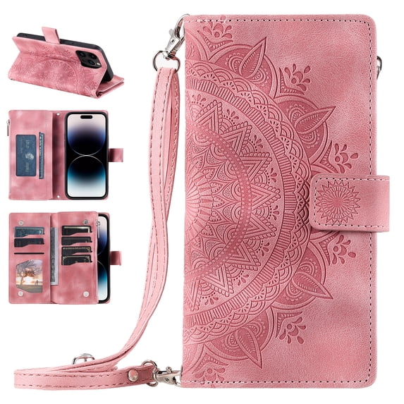 Nalacover for iPhone 13 Pro Max Embossed Floral Pattern PU Leather Crossbody Case with Shoulder Strap,Shockproof Magnetic Flip Kickstand Credit Card Slots Zipper Pocket Wallet Phone Case,Pink