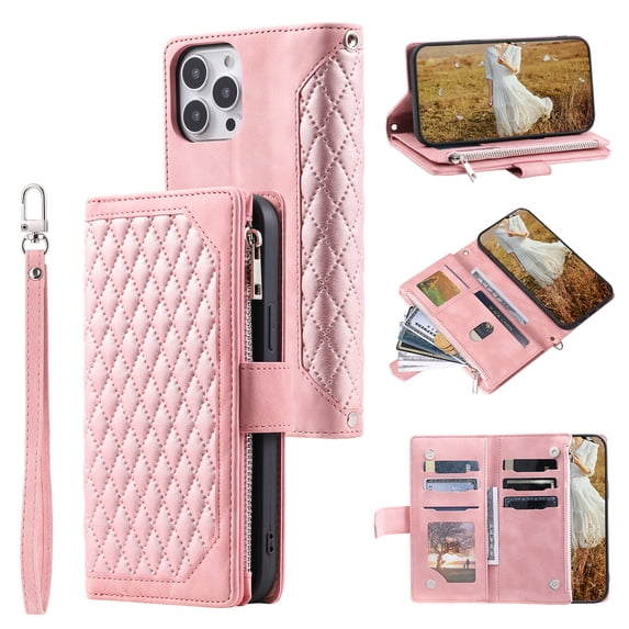 Nalacover for iPhone 13 Pro Max Flip Kickstand Wallet Case,Full Body Protection Luxury PU Leather Shockproof Magnetic Closure Zipper Pocket with Detachable Hand Strap&Shoulder Strap Cover.Rosegold