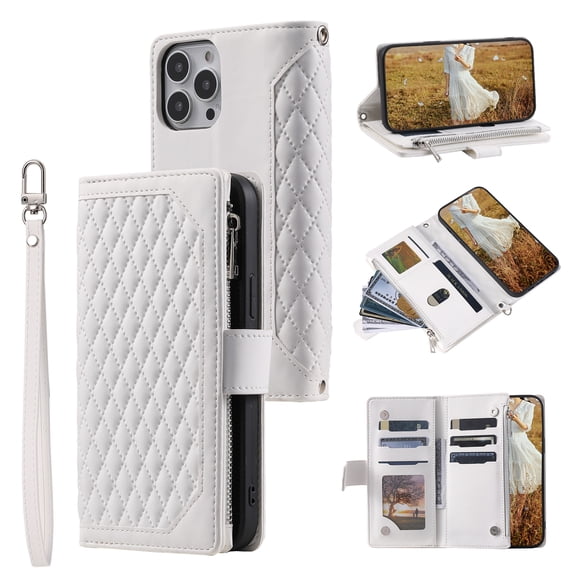 Nalacover for iPhone 13 Pro Max Flip Kickstand Wallet Case,Full Body Protection Luxury PU Leather Shockproof Magnetic Closure Zipper Pocket with Detachable Hand Strap&Shoulder Strap Cover.White