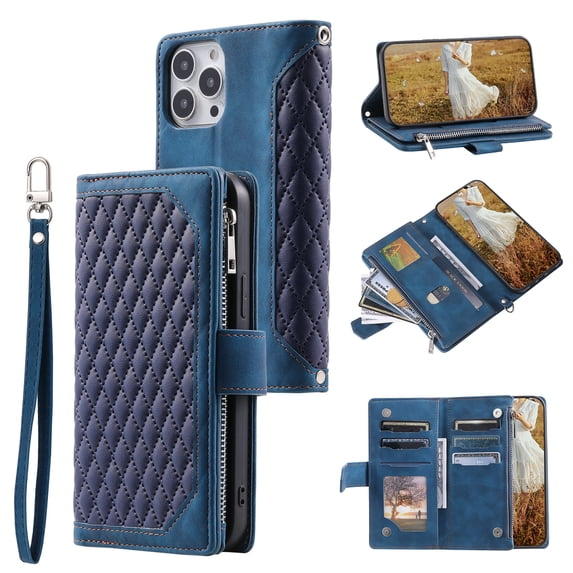Nalacover for iPhone 13 Pro Max Flip Kickstand Wallet Case,Full Body Protection Luxury PU Leather Shockproof Magnetic Closure Zipper Pocket with Detachable Hand Strap&Shoulder Strap Cover.Blue