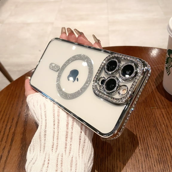 Nalacover for iPhone 13 Pro Max Magnetic Case,Clear Glitter Case Compatible with MagSafe,Cute Sparkle Shiny Rhinestone Diamond Camera Protector Soft TPU Plating Bumper Women Girls Phone Case,Silver