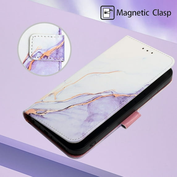 Nalacover for iPhone 13 Pro Max PU Leather Wallet Case,Stylish Marble Pattern Magnetic Clasp Flip Kickstand Cash Pocket Wireless Charging Detachable Wrist Strap Cover for Girls Women,Purple & White