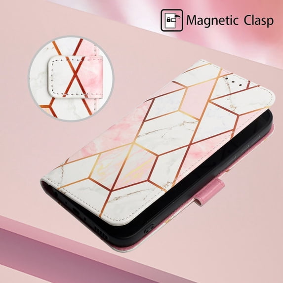 Nalacover for iPhone 13 Pro Max PU Leather Wallet Case,Stylish Marble Pattern Magnetic Clasp Flip Kickstand Cash Pocket Wireless Charging Detachable Wrist Strap Cover for Girls Women,Pink & White