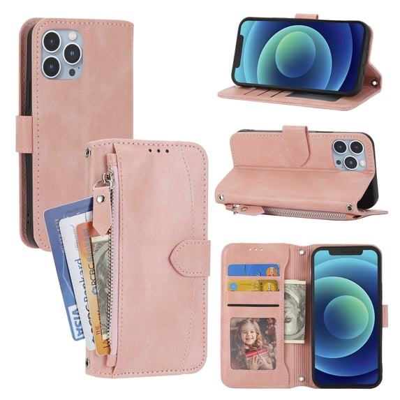 Nalacover for iPhone 13 Pro Max Wallet Case,Shockproof Premium PU Leather Magnetic Closure Zipper Flip Kickstand Card Slots with Detachable Wrist Strap Phone Cover.For iPhone 13 Pro Max,Pink