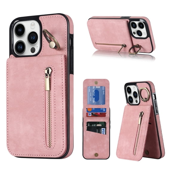 Nalacover for iPhone 13 Pro Max, Wallet with RFID Credit Card Holder and Zipper Pocket,Drop Protection Flip Cover Ring Holder Kickstand with Double Magnetic Clasp, Pink