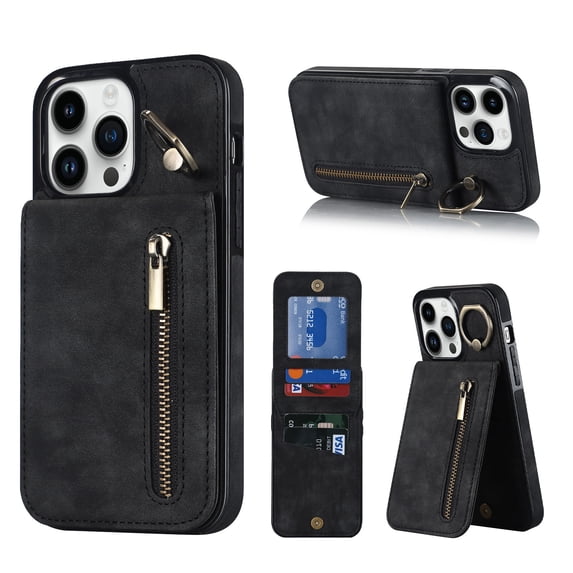 Nalacover for iPhone 13 Pro Max, Wallet with RFID Credit Card Holder and Zipper Pocket,Drop Protection Flip Cover Ring Holder Kickstand with Double Magnetic Clasp For iPhone 13 Pro Max, Black