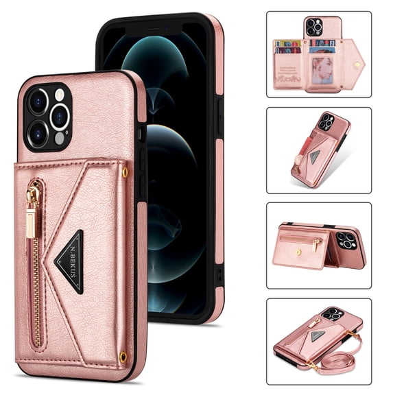 Nalacover for iPhone 13 Pro Max Zipper Wallet Case,Luxury Premium PU Leather Back Soft TPU Magnetic Buckle Flip Card Pocket Shockproof Slim Cover with Adjustable Crossbody Shoulder Strap,(Rosegold)