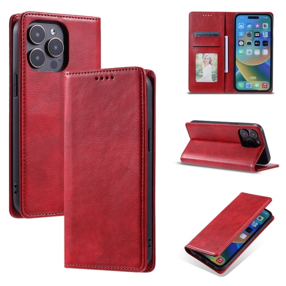 Nalacover for iPhone 13 Pro Wallet Case, Vintage PU Leather Book Folding Folio Case with Credit Card Slots Hidden Magnetic Closure Flip Kickstand Shockproof Slim Phone Case,Red