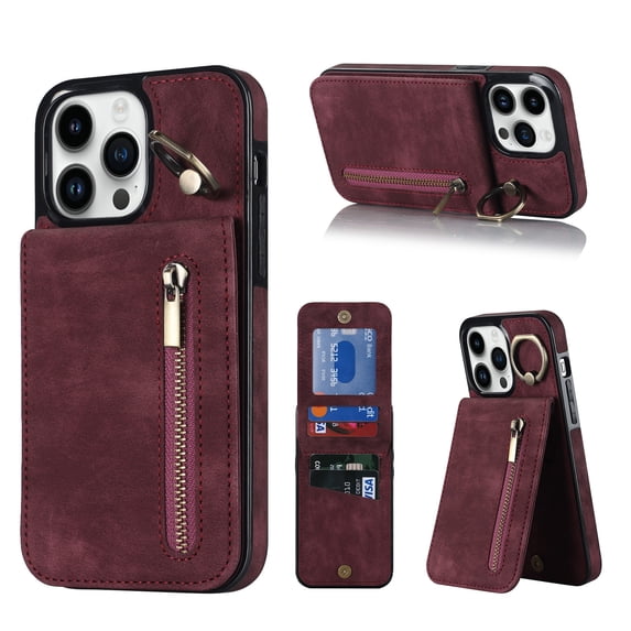 Nalacover for iPhone 13 Pro, Wallet with RFID Credit Card Holder and Zipper Pocket,Drop Protection Flip Cover Ring Holder Kickstand with Double Magnetic Clasp For iPhone 13 Pro, Winered