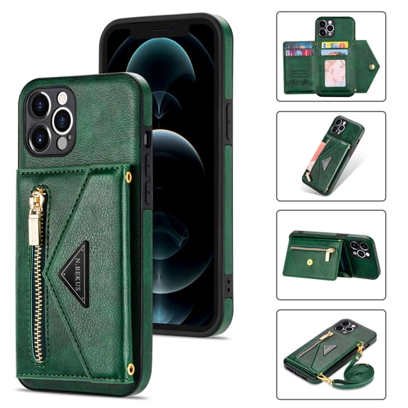Nalacover for iPhone 13 Pro Zipper Wallet Case,Luxury Premium PU Leather Back Soft TPU Magnetic Buckle Flip Card Pocket Shockproof Slim Cover with Adjustable Crossbody Shoulder Strap,Green