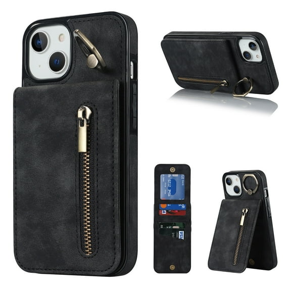 Nalacover for iPhone 13, Wallet with RFID Credit Card Holder and Zipper Pocket,Drop Protection Flip Cover Ring Holder Kickstand with Double Magnetic Clasp For iPhone 13, Black